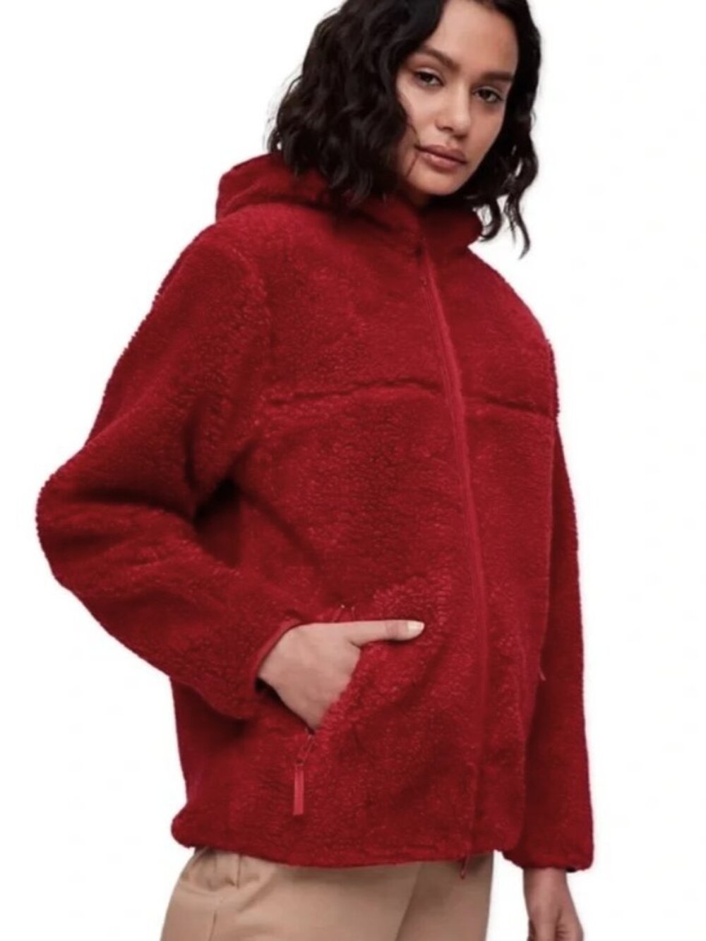 Aritzia TNA Swann Sherpa Fleece Zip-Up Hoodie Jacket Lined Red Women's Size L